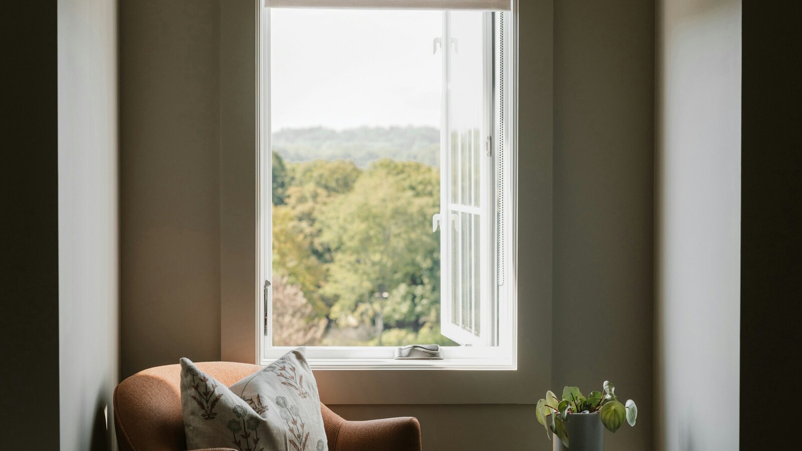 A comfortable armchair in a calm therapy room by a window
